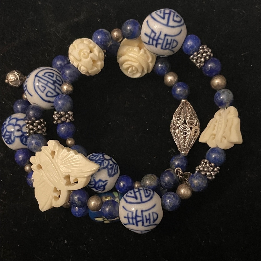 Artisan Blue and Cream Beaded Bracelet